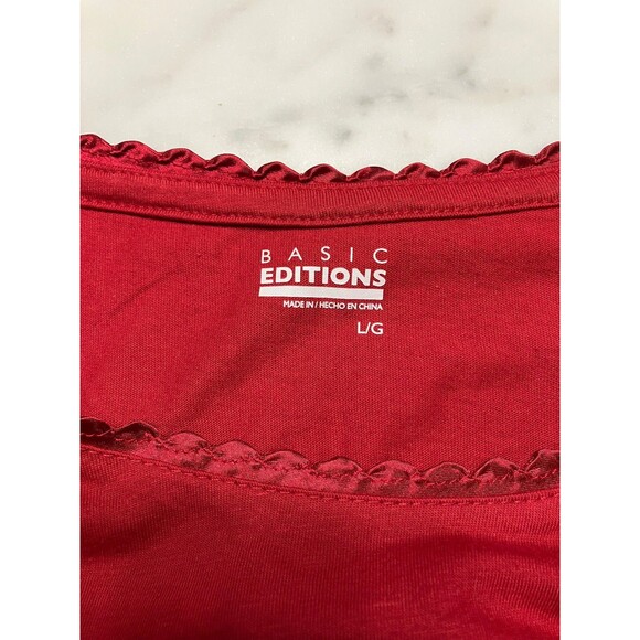 Basic Edition Womens Long Sleeve Red Tee with Decorative Neckline Large - Picture 2 of 7